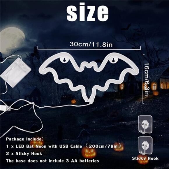 Halloween Bat Neon Sign Decoration LED Light Wall Decor Bat Shape Lamp NEW Scary - Picture 3 of 6